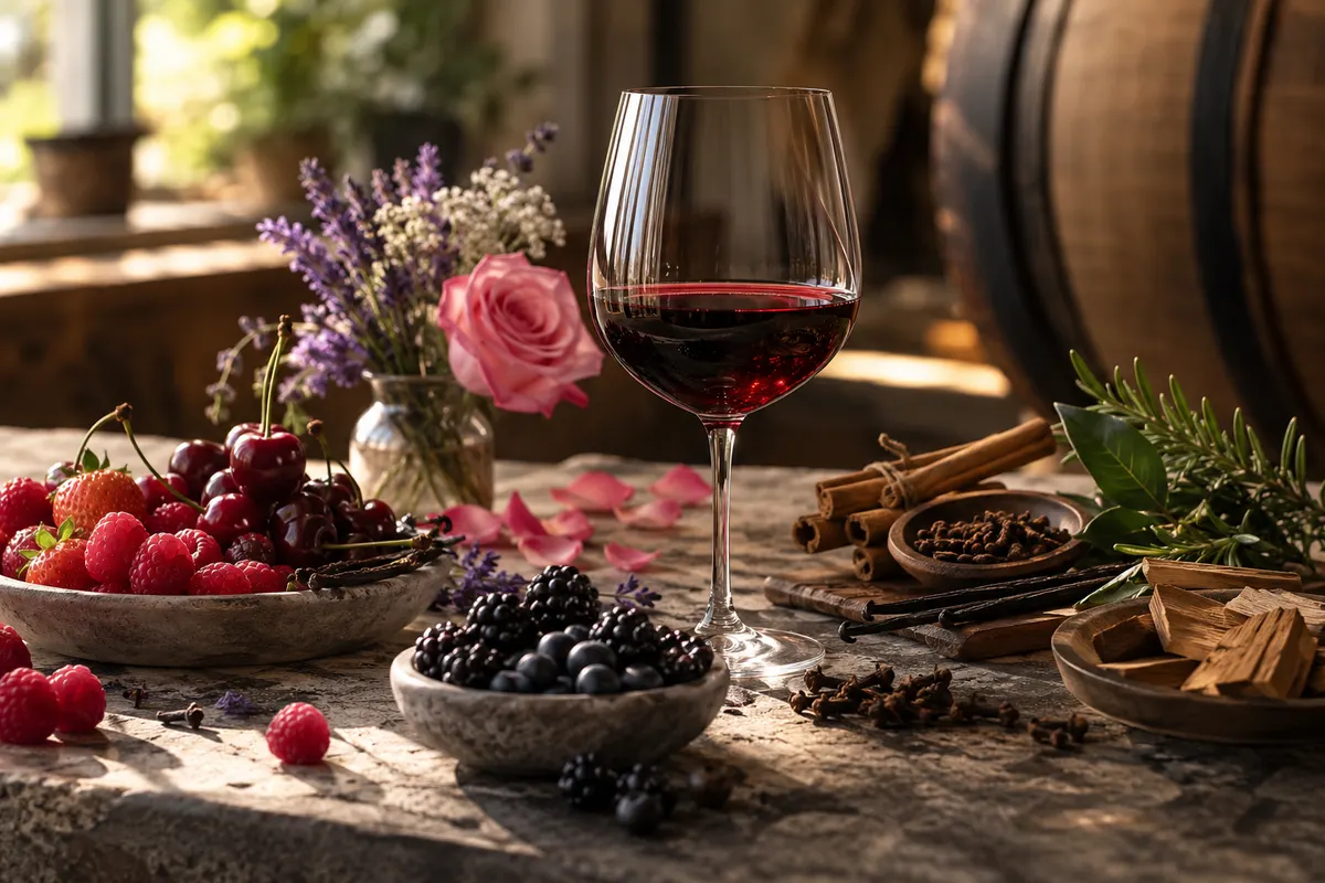 Taça de tinto cercada de morangos, amoras, flores, canela e grãos de pimenta sobre uma mesa de madeira