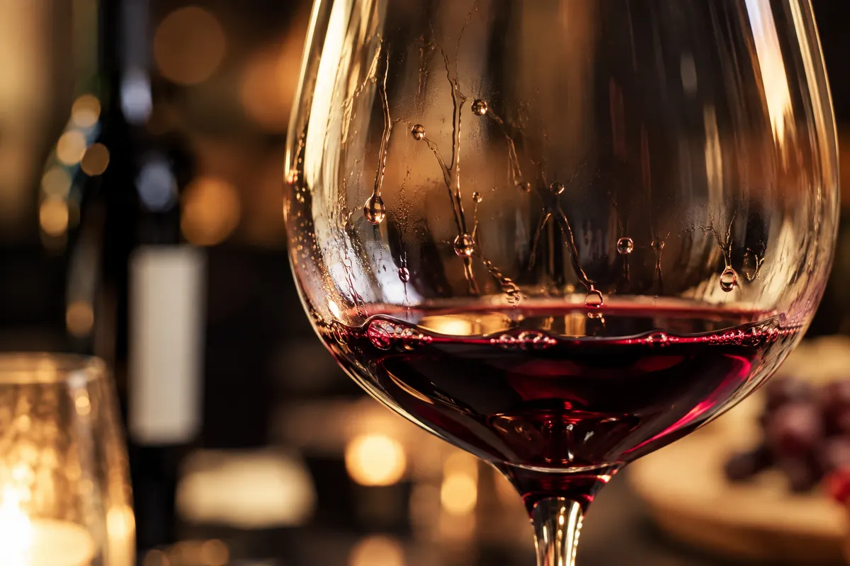 Taça de tinto girando de perto, com o vinho subindo pelas paredes do copo