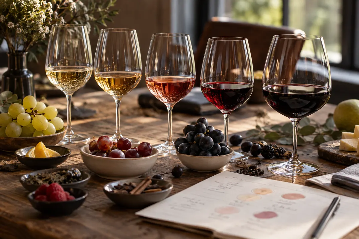 Taças com brancos, rosés e tintos alinhadas sobre a mesa, com frutas e um caderno de anotações