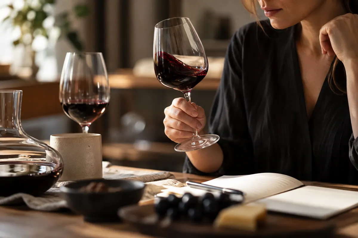Mulher observando uma taça de tinto contra a luz, com decanter e caderno sobre a mesa