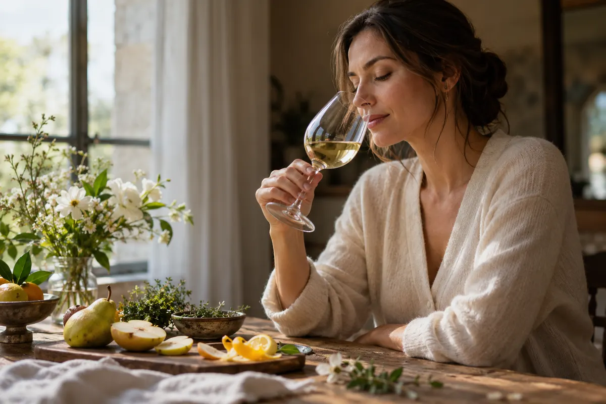 Mulher cheirando uma taça de vinho branco à mesa, de olhos fechados