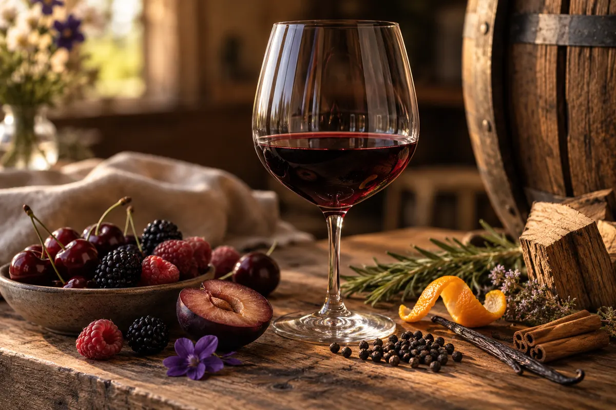 Taça de tinto ao lado de uma tigela de frutas vermelhas, casca de laranja, baunilha e pimenta