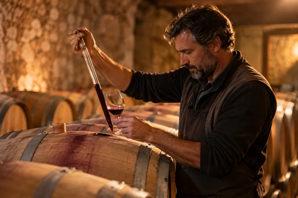 Homem retirando vinho de uma barrica com uma pipeta de vidro