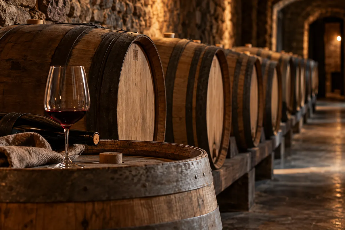 Taça e garrafa de tinto sobre uma barrica deitada, num corredor de adega