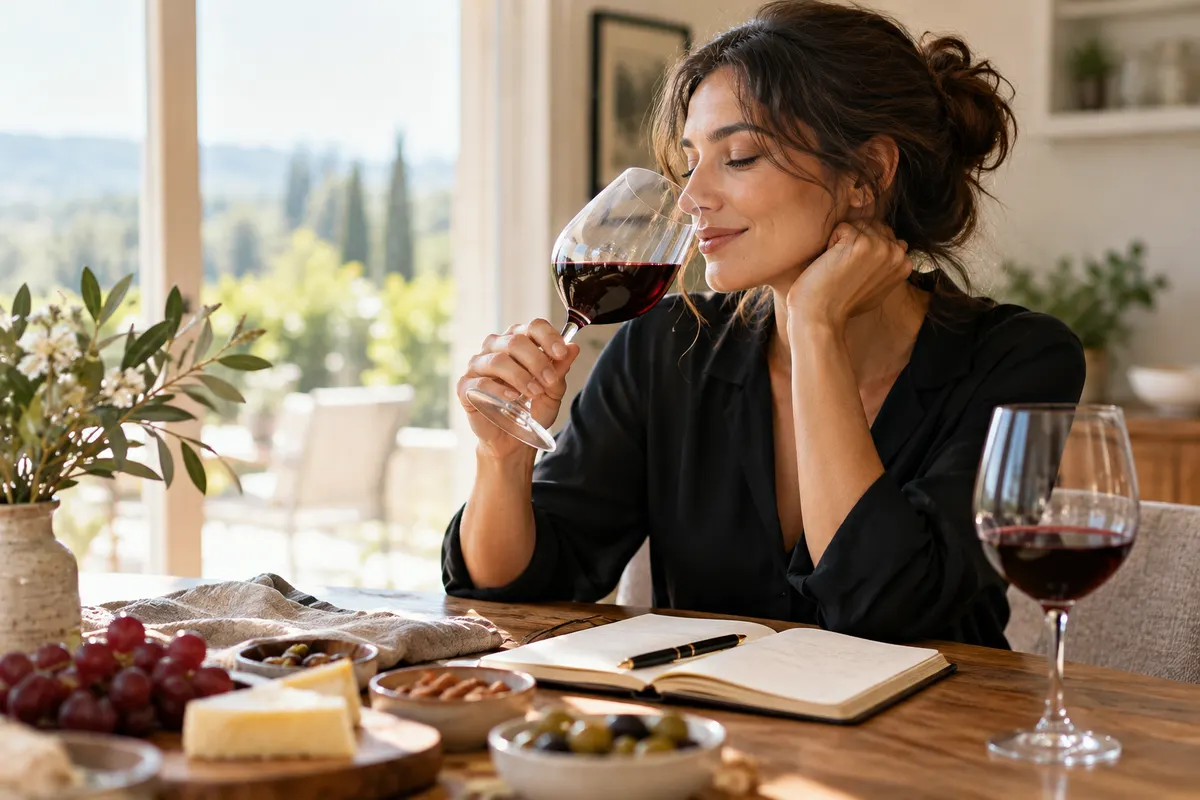 Mulher cheirando uma taça de tinto à mesa, com caderno e tábua de queijos à frente