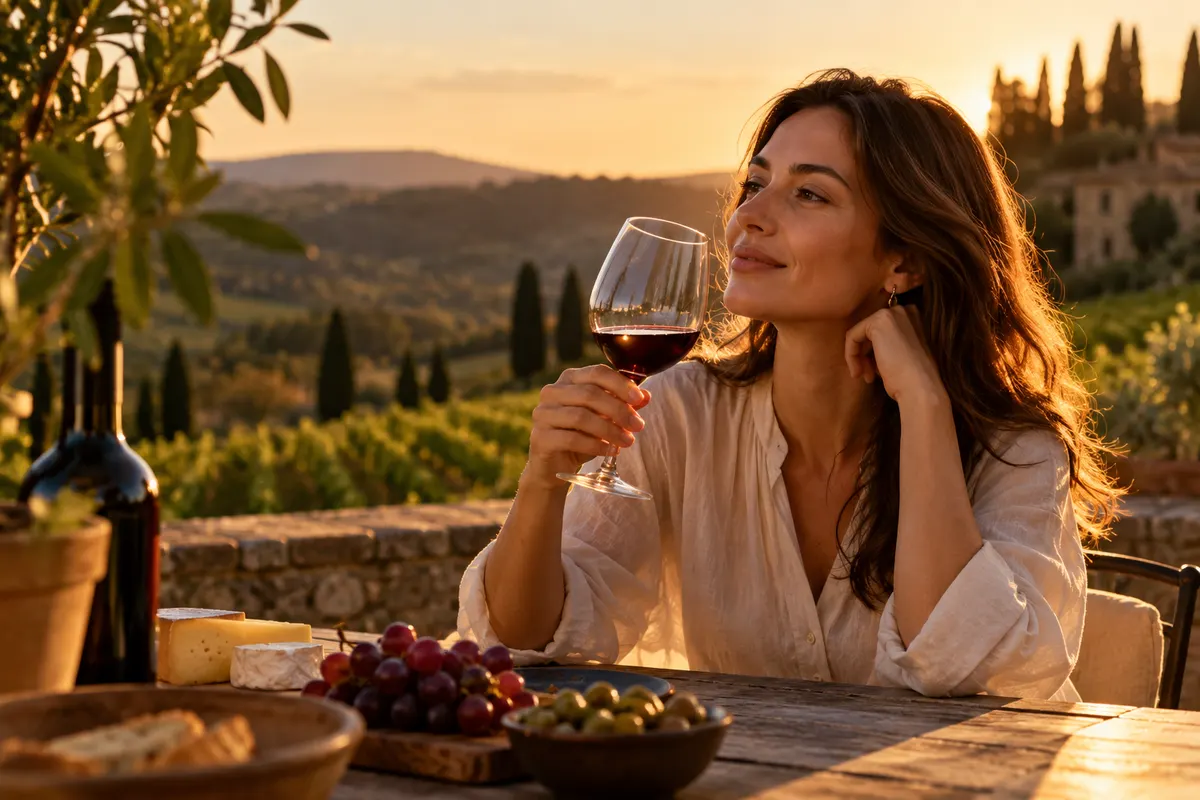 Mulher com uma taça de tinto num terraço ao pôr do sol, com o vinhedo ao fundo