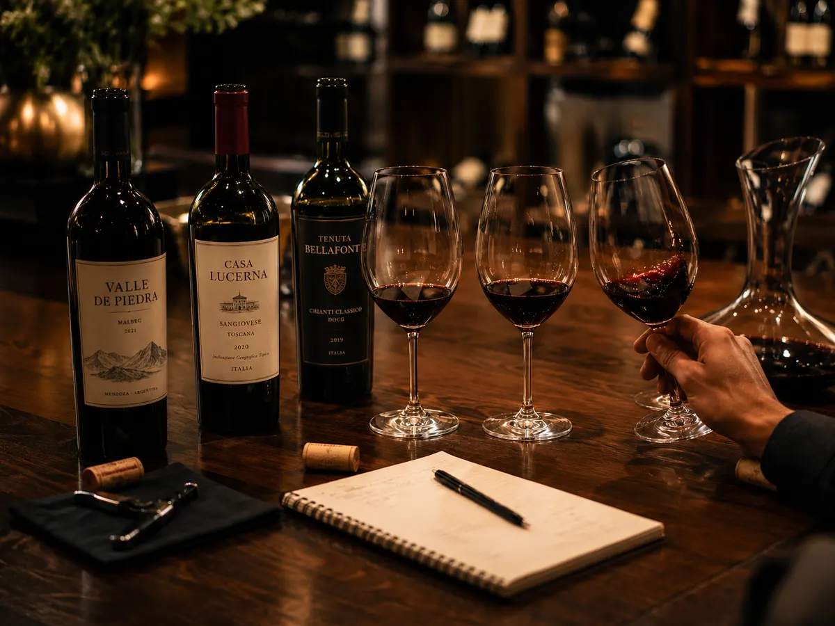 Três garrafas de tinto lado a lado, três taças servidas e uma mão erguendo uma delas contra a luz, sobre uma mesa de degustação