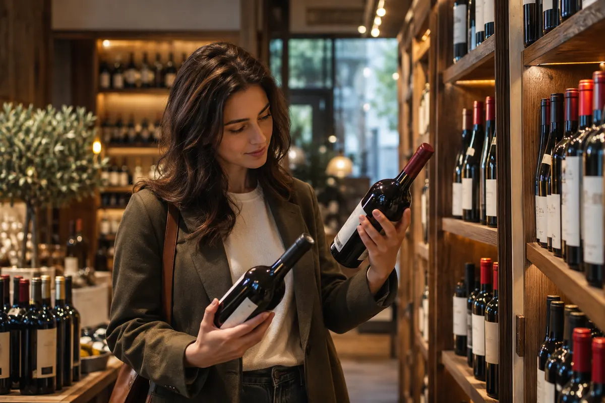 Mulher comparando duas garrafas de tinto diante da prateleira de uma loja de vinhos