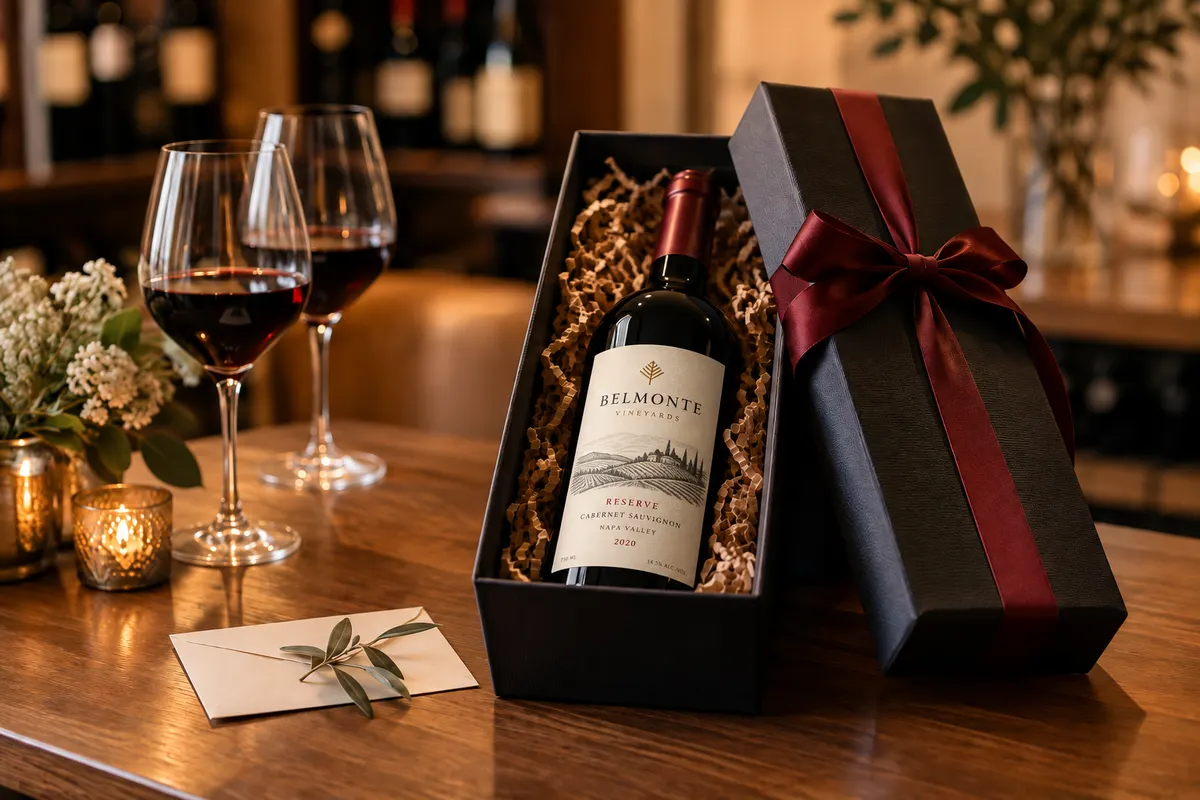 Garrafa de tinto dentro de uma caixa-presente preta com laço vinho, ao lado de duas taças servidas e um cartão