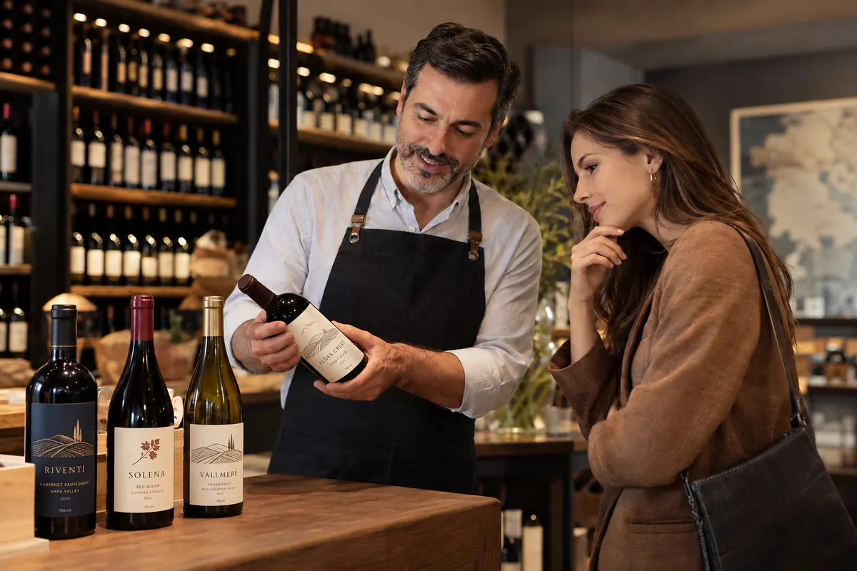 Vendedor de avental mostrando uma garrafa a uma cliente no balcão de uma loja de vinhos