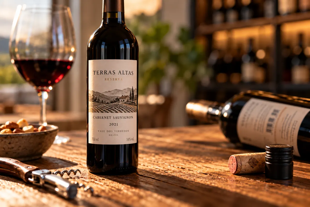 Garrafa de tinto com o rótulo em destaque, mostrando a uva e a safra, ao lado de uma taça e um saca-rolhas