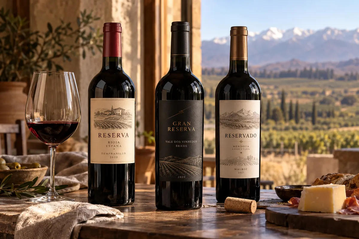 Três garrafas lado a lado, com os rótulos Reserva, Gran Reserva e Reservado, diante de um vinhedo