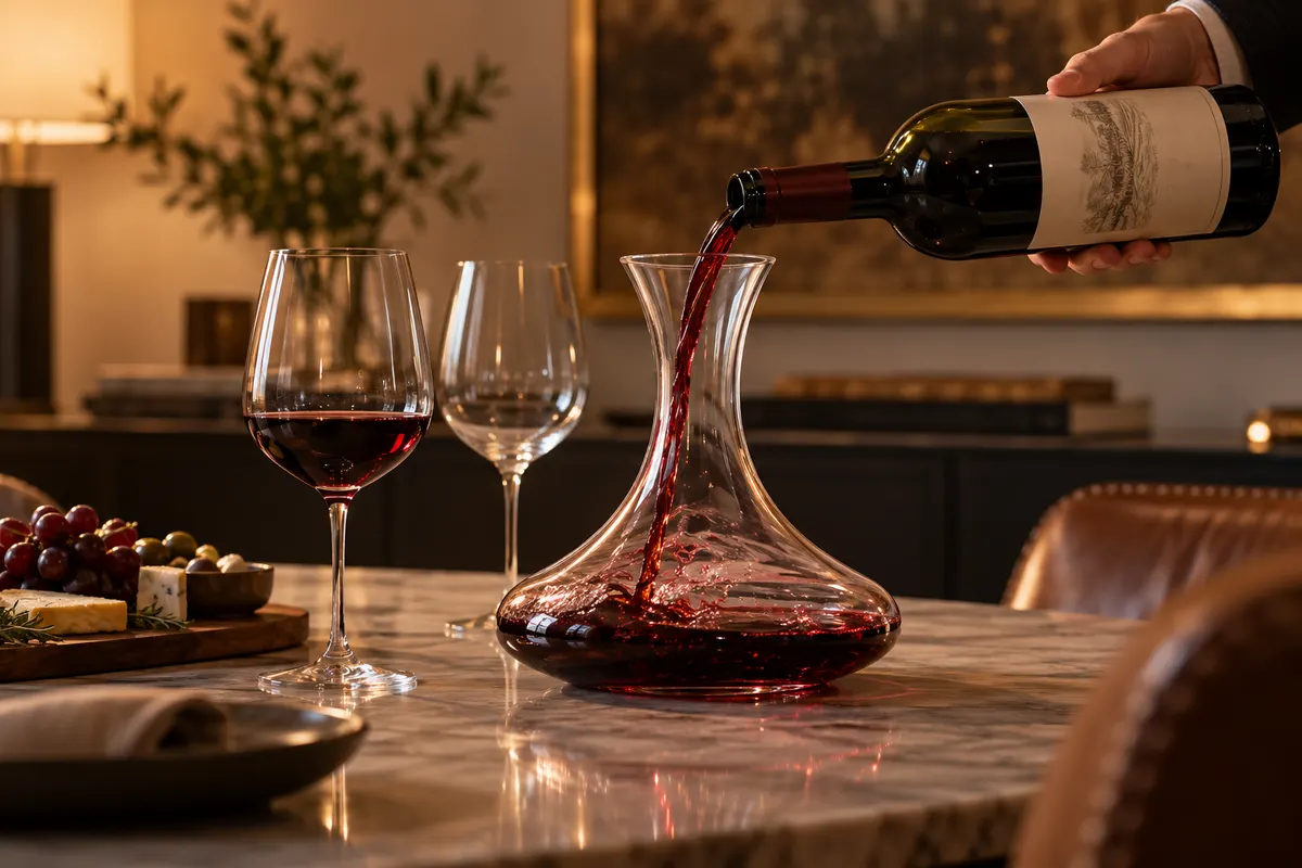 Tinto sendo despejado em um decanter sobre a mesa, com taças e petiscos ao lado