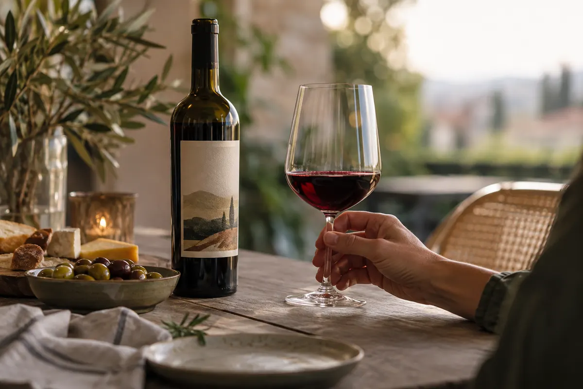 Garrafa e taça de tinto sobre mesa ao ar livre, com uma mão alcançando a taça