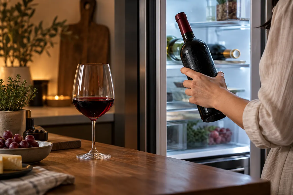 Mulher guardando uma garrafa de tinto na geladeira, com uma taça servida no balcão