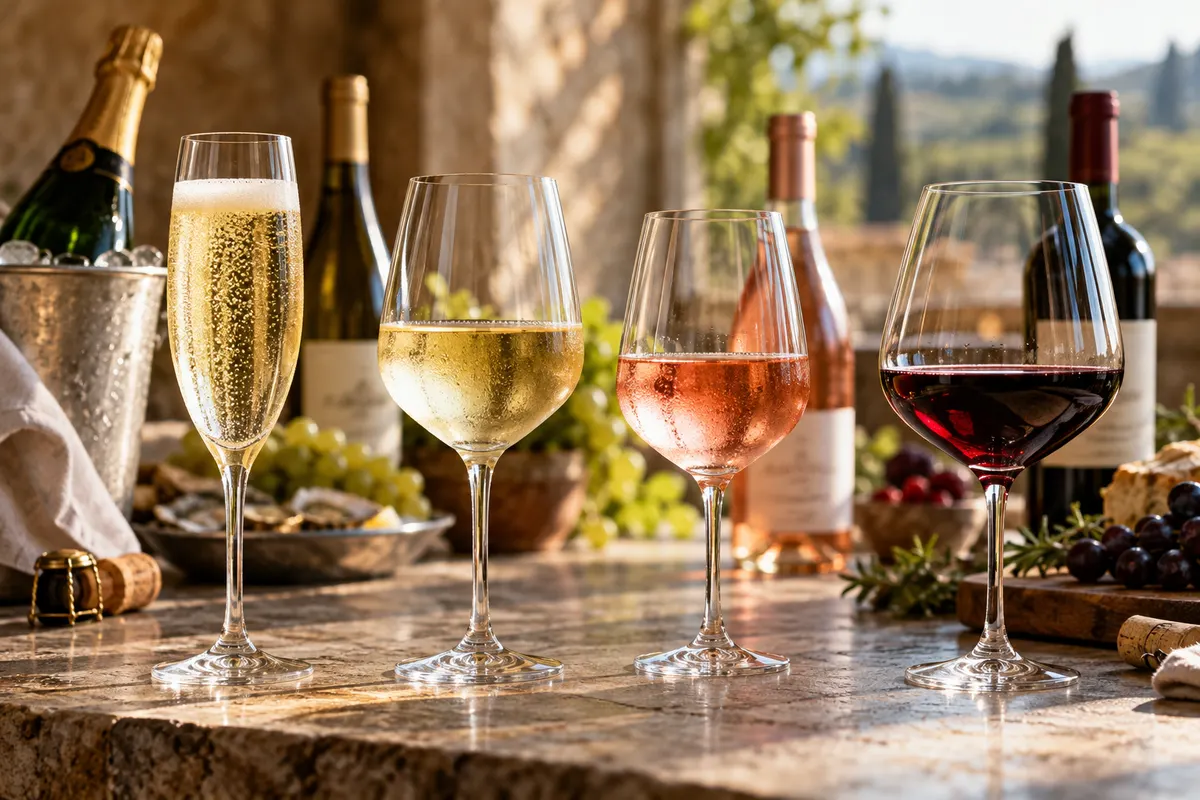 Cinco taças alinhadas, espumante, branco, rosé e dois tintos, sobre uma bancada de pedra