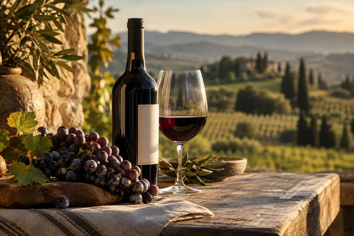Garrafa e taça de tinto sobre um muro de pedra, com cachos de uva e o vinhedo ao fundo