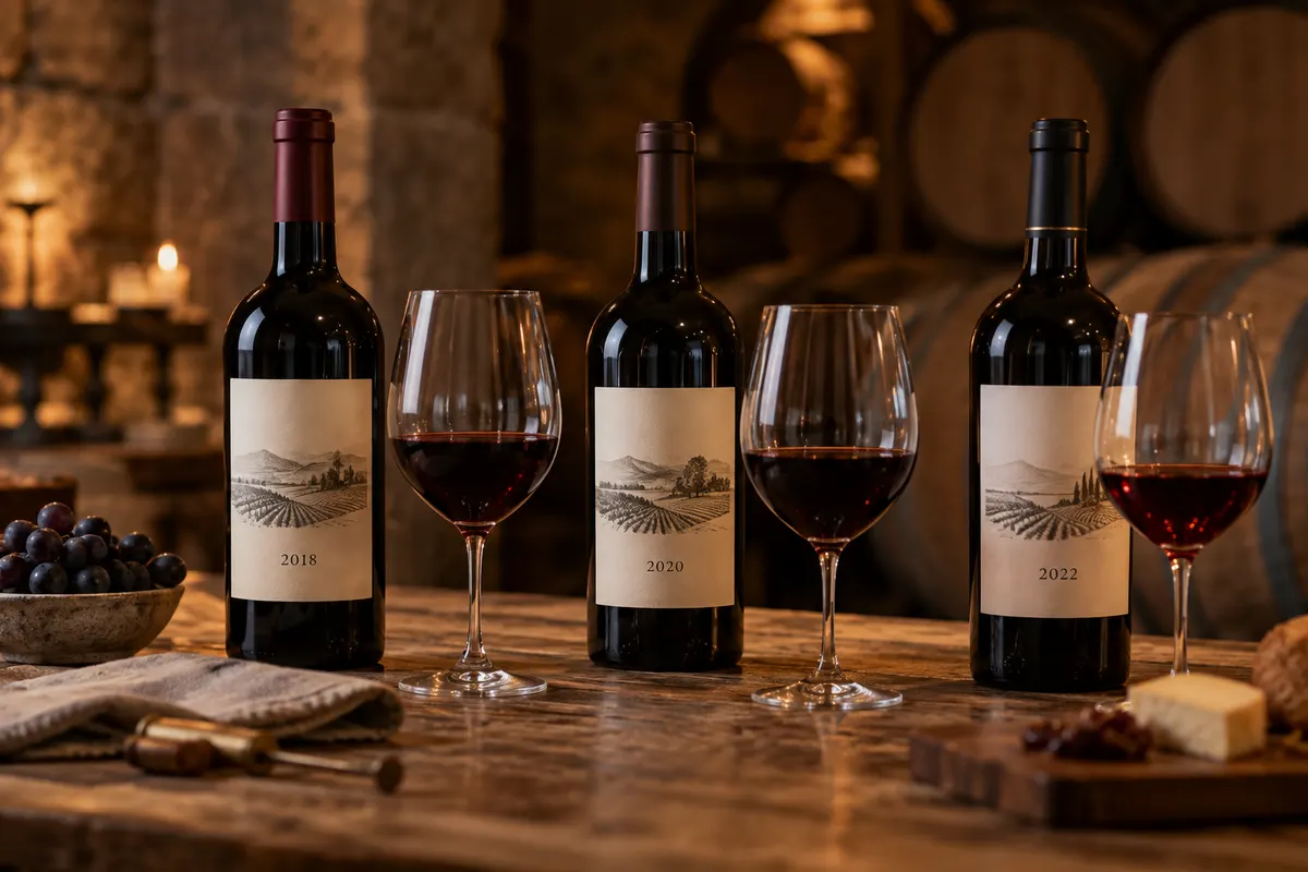 Três garrafas de tinto de safras diferentes alinhadas com taças, sobre uma mesa de adega