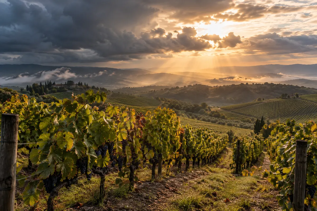 Vinhedo em encosta sob céu nublado, com raios de sol atravessando as nuvens