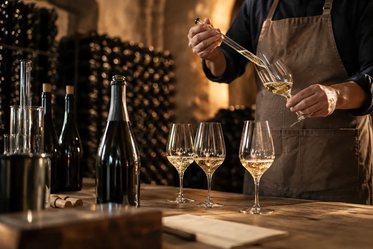 Enólogo servindo vinho branco em taças sobre uma mesa, com garrafas e a adega ao fundo