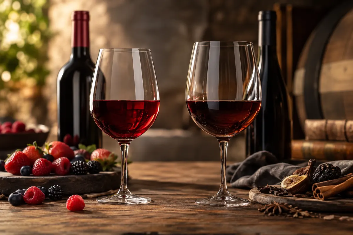 Duas taças de tinto sobre mesa de pedra, com frutas vermelhas e especiarias ao lado