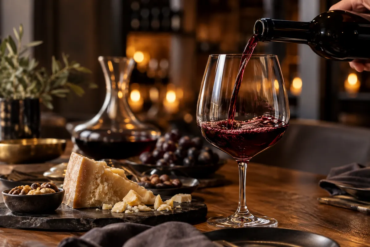 Tinto sendo servido em uma taça ao lado de um decanter, queijos e cachos de uva