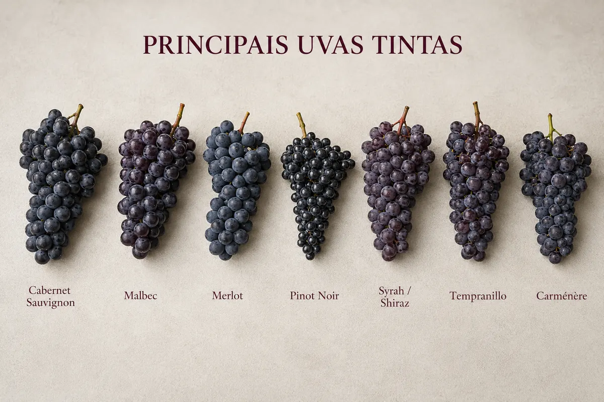Quadro comparativo das principais uvas tintas: Cabernet Sauvignon, Malbec, Merlot, Pinot Noir, Syrah, Tempranillo e Carménère
