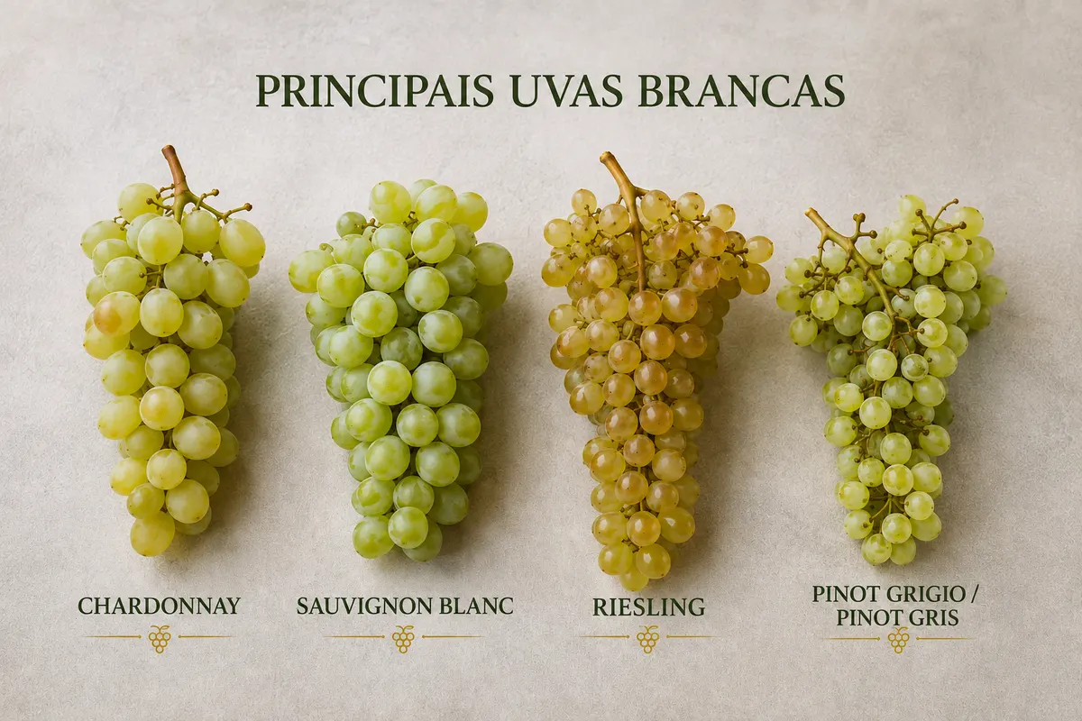 Quadro comparativo das principais uvas brancas: Chardonnay, Sauvignon Blanc, Riesling e Pinot Grigio