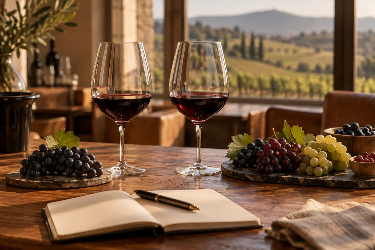 Duas taças de tinto sobre mesa de madeira diante de uma janela aberta para o vinhedo, com cachos e um caderno