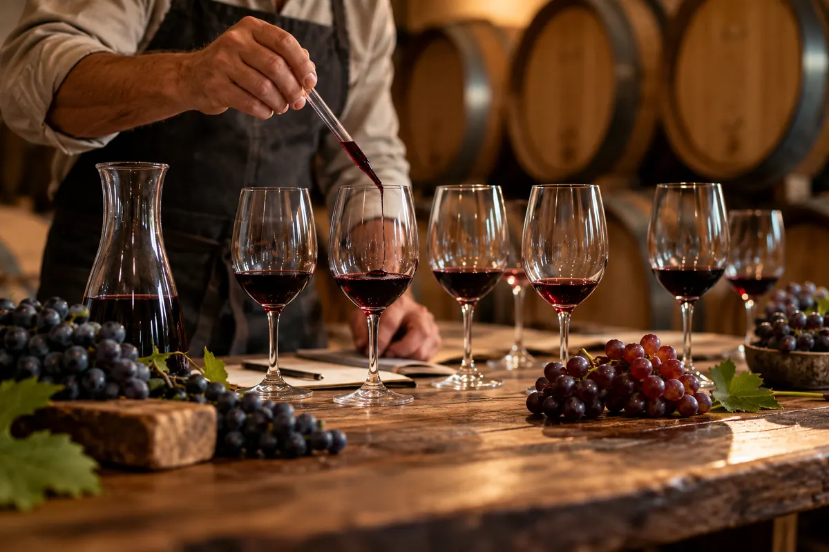 Homem de avental servindo tinto de um decanter em taças alinhadas sobre uma mesa, entre cachos de uva
