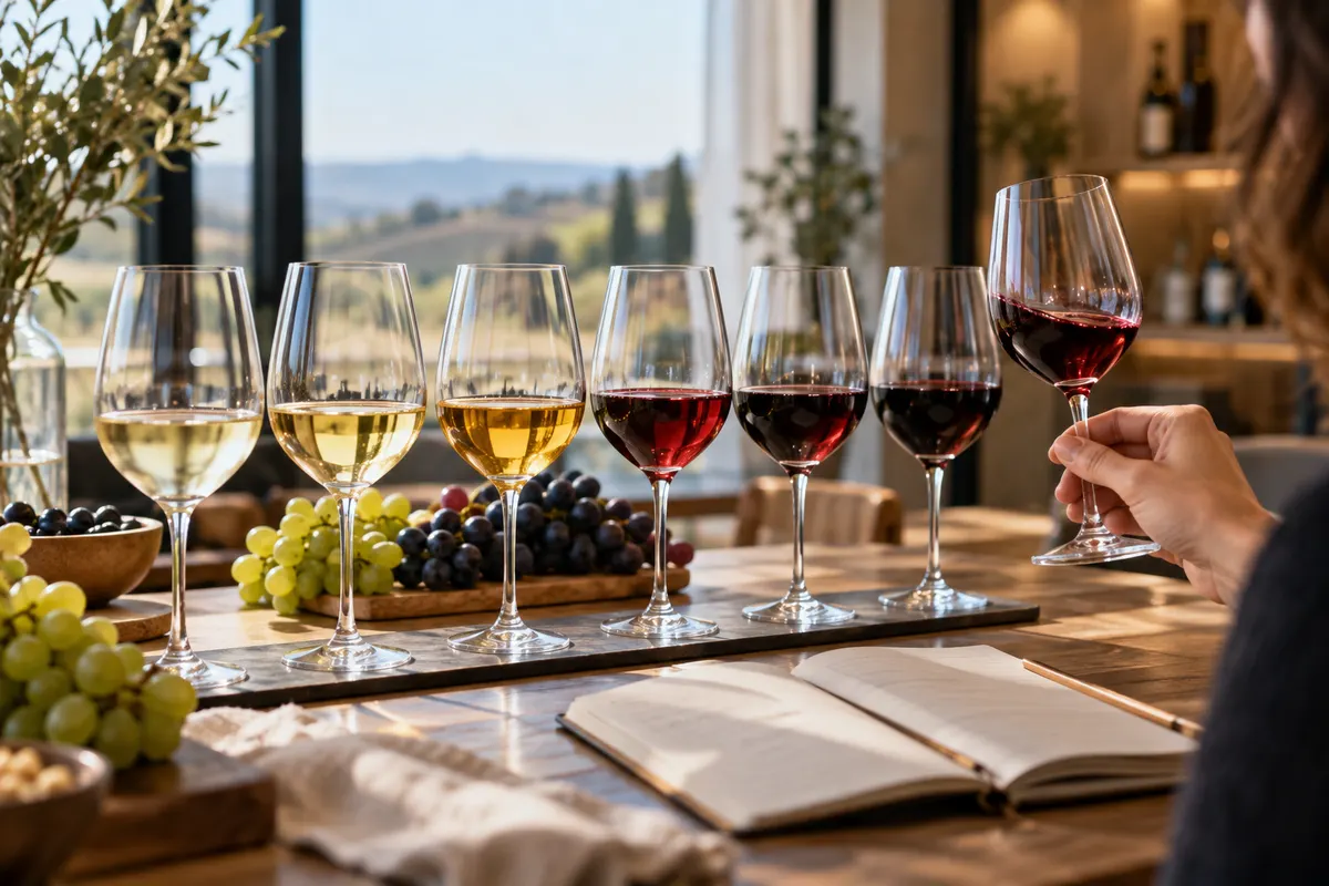 Fileira de taças com brancos, rosés e tintos sobre uma bancada, com cachos verdes e escuros ao lado