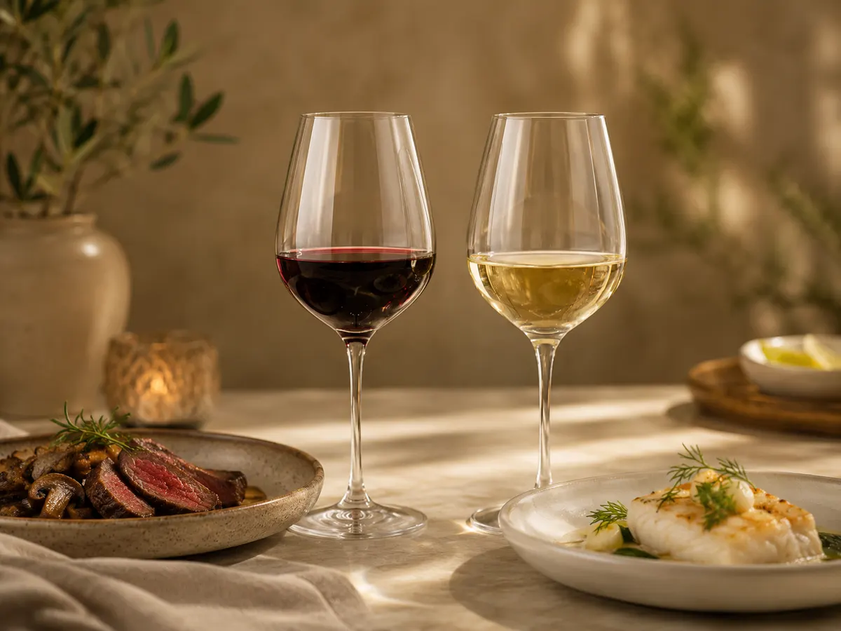 Uma taça de tinto ao lado de um prato de carne e uma taça de branco ao lado de um prato de peixe
