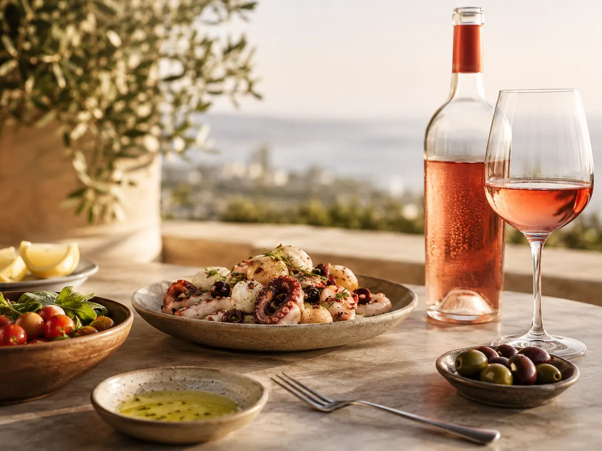 Garrafa e taça de rosé em uma mesa à beira-mar, ao lado de frutos do mar e azeitonas