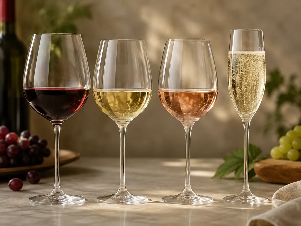 Quatro taças lado a lado mostrando as cores do tinto, do branco, do rosé e do espumante