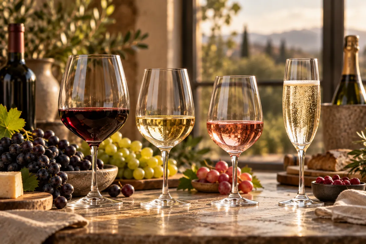 Quatro taças lado a lado, tinto, branco, rosé e espumante, sobre mesa com queijos e cachos de uva