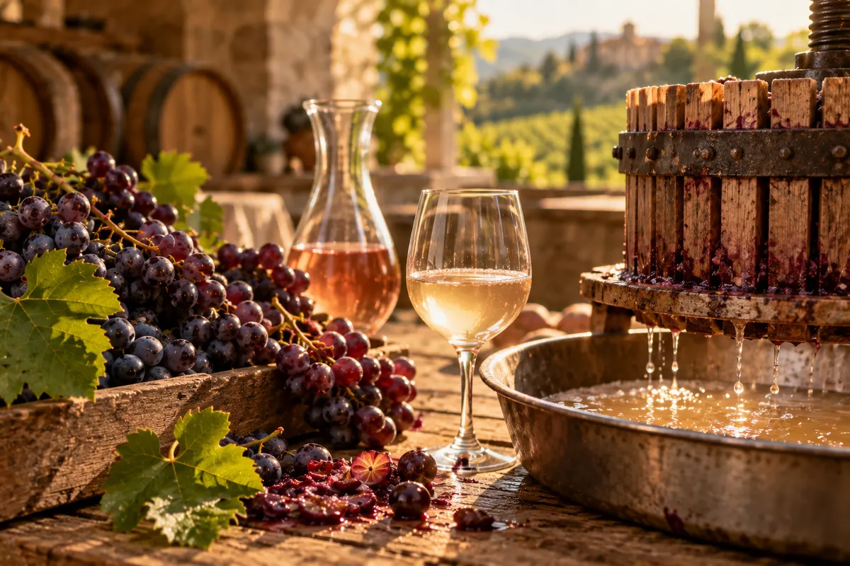 Cachos de uva tinta e taça de rosé ao lado de uma prensa de madeira com mosto