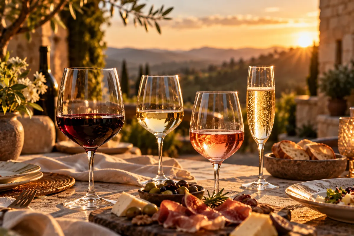 Mesa ao pôr do sol com taças de tinto, branco, rosé e espumante e uma tábua de frios