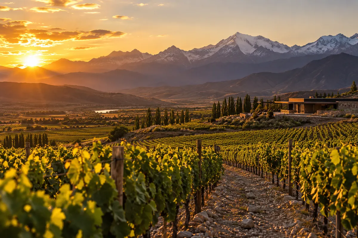 Vinhedo plano ao pôr do sol, com montanhas nevadas ao fundo