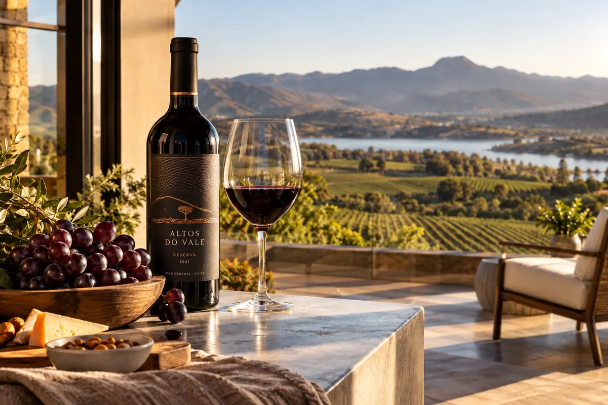 Garrafa e taça de tinto numa varanda com vista para vinhedos e montanhas