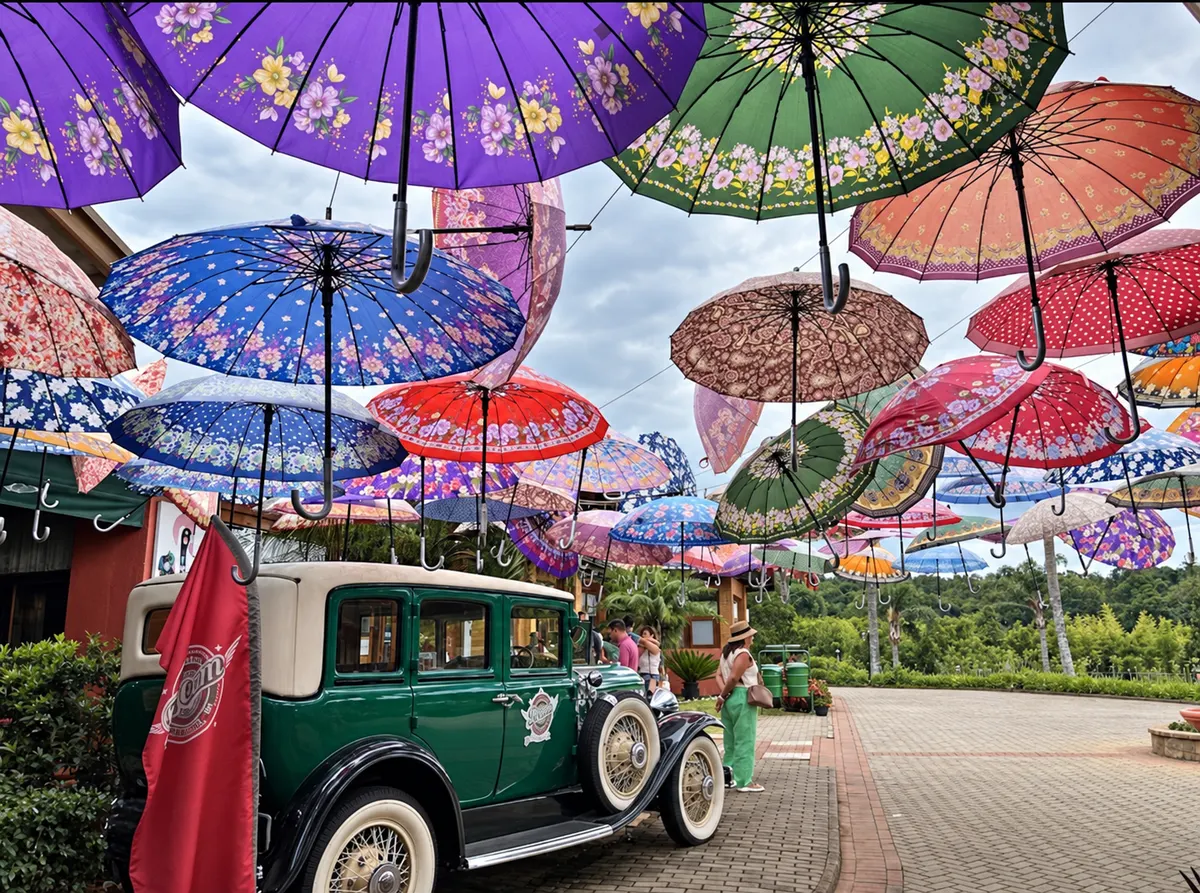 Dezenas de sombrinhas coloridas e estampadas penduradas sobre um pátio, com um carro antigo verde estacionado embaixo.