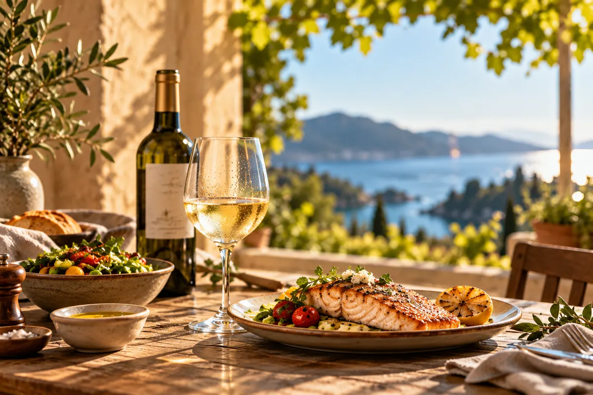 Garrafa e taça de vinho branco à mesa diante do mar, com um prato de peixe