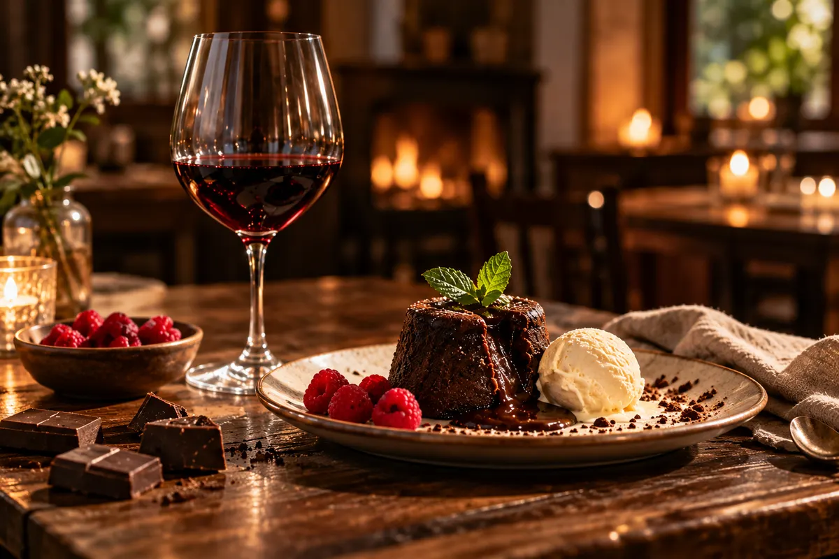 Taça de tinto ao lado de um bolo de chocolate com framboesas