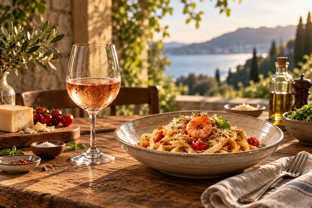 Taça de rosé e prato de massa com camarão, à mesa com vista para o mar
