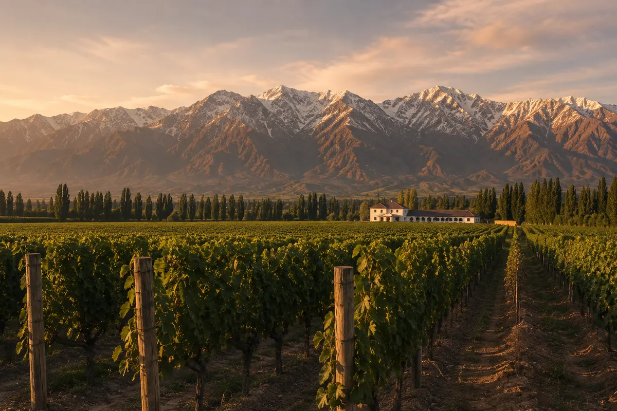 Vinhedo ao pé da Cordilheira dos Andes ao entardecer, com fileiras de parreiras e uma bodega ao fundo