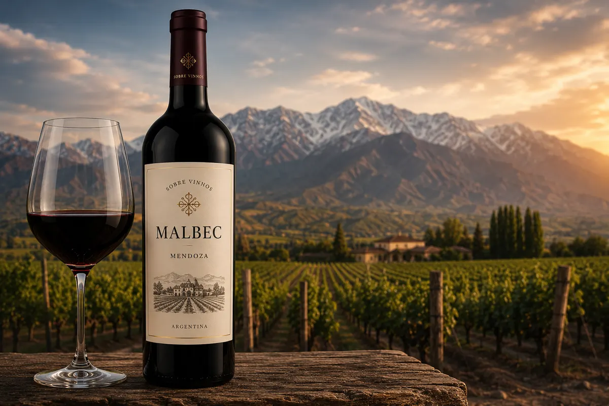 Garrafa de Malbec de Mendoza e uma taça servida sobre um tronco, com o vinhedo e a cordilheira ao fundo