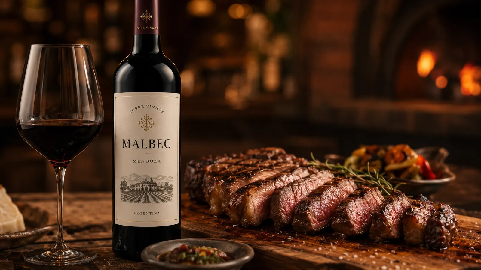 Taça e garrafa de Malbec ao lado de uma peça de carne fatiada, diante de uma lareira