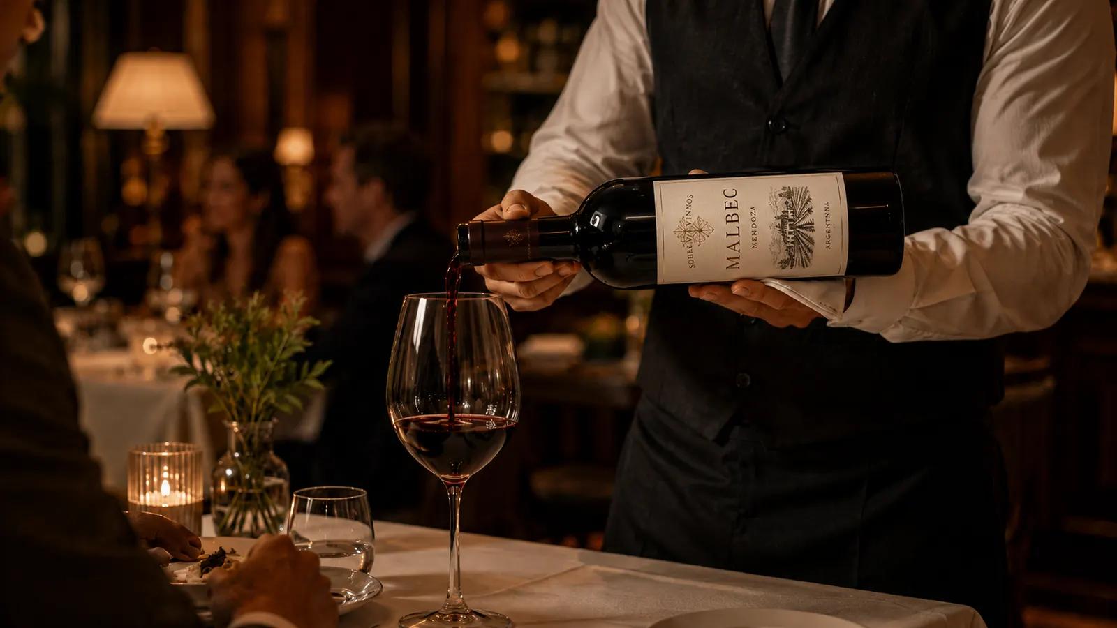 Garçom servindo vinho tinto em uma taça à mesa de um restaurante