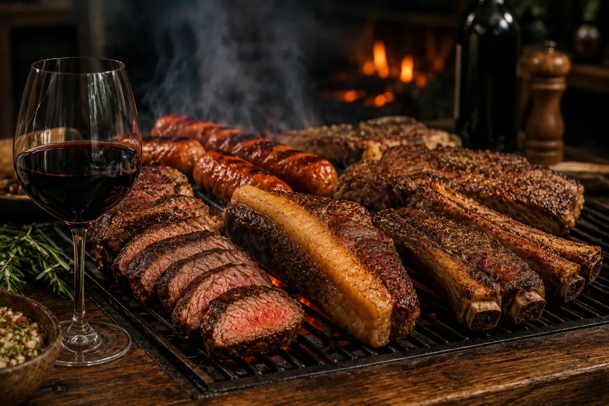 Taça de vinho tinto diante de uma grelha com costela, fraldinha e linguiça assadas