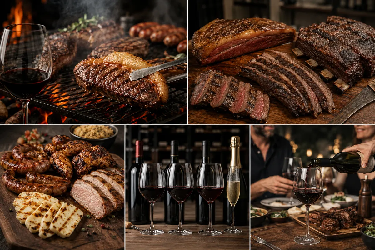 Mosaico com cortes de carne na grelha, taças de tinto e de branco e um brinde à mesa