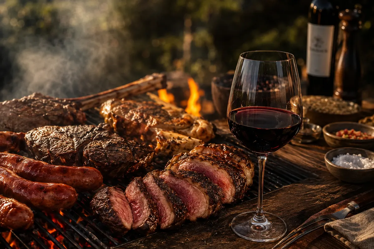 Churrasco ao ar livre com carnes na grelha, uma taça de tinto e garrafas ao lado